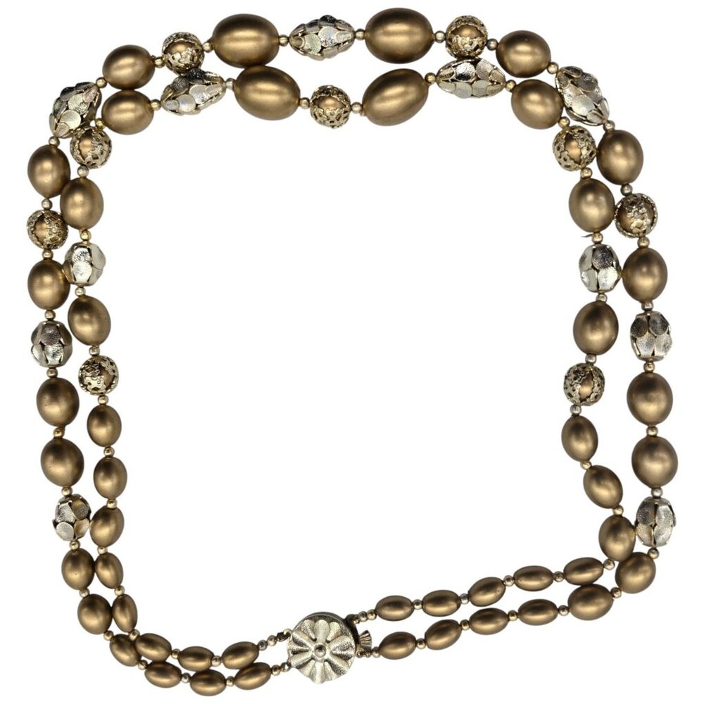 Vintage Hong Kong 2-Strand Necklace Gold Tone Oval Beaded 22" Floral Clasp